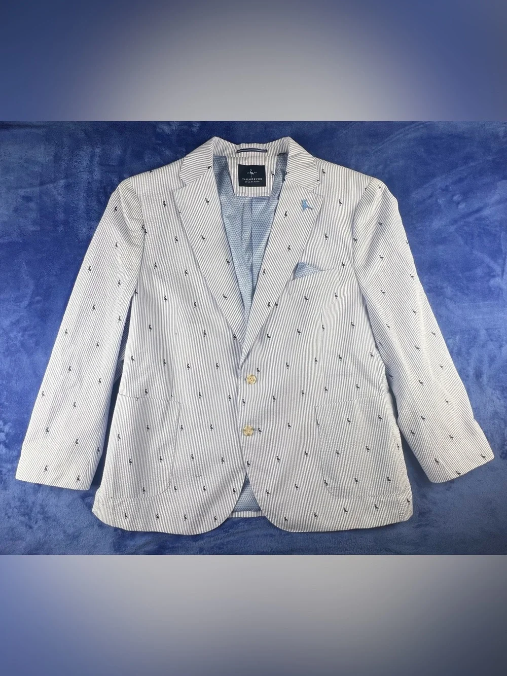 Tailorbyrd Mens Blazer 48R Seersucker Cotton Blue White Embroidered Flamingo